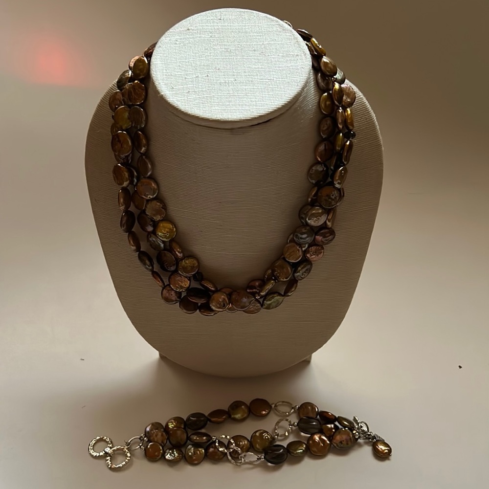 Flat vintage pearl like copper bead choker & matching bracelet -925 clasps,links